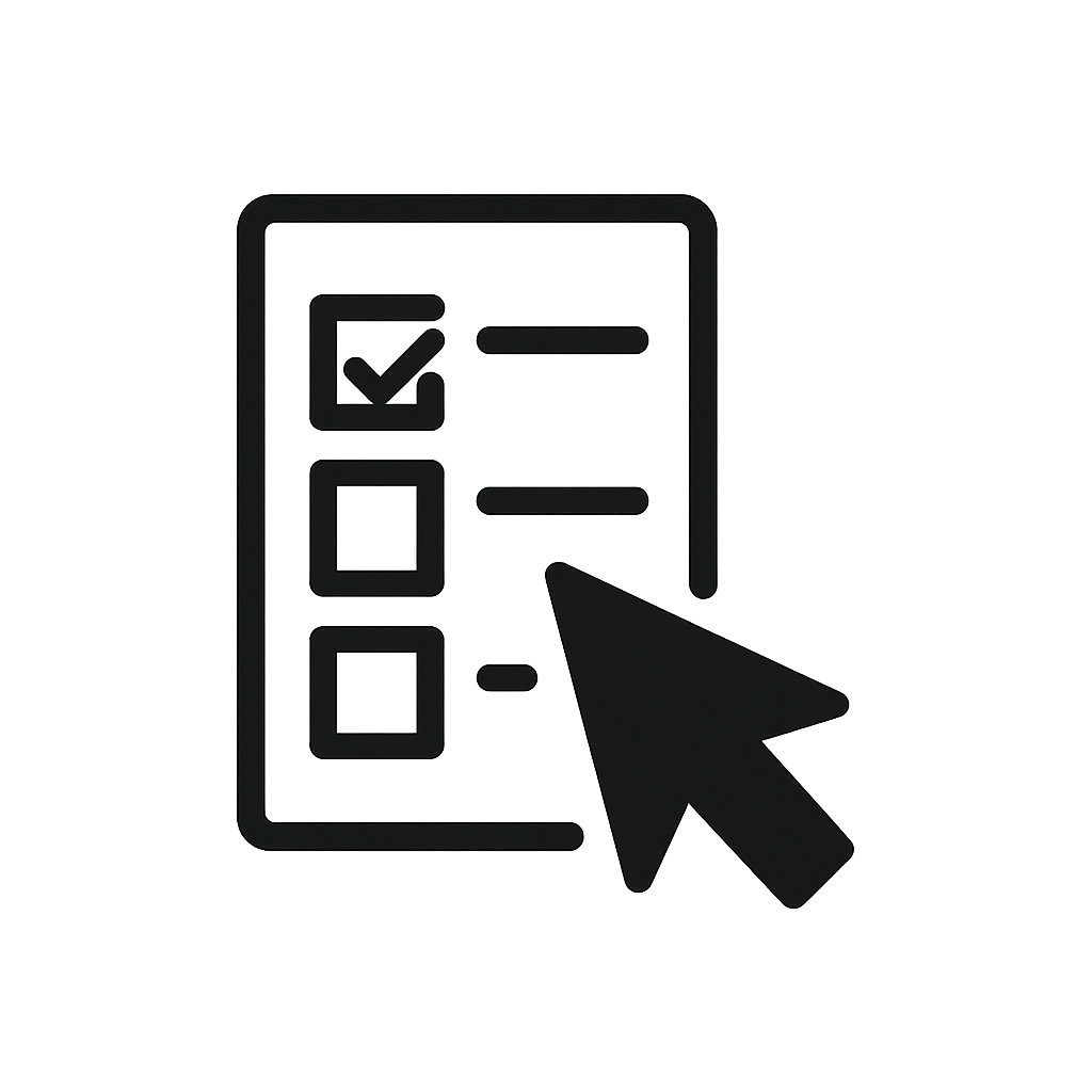 Icon of a checklist with a checkmark, a cursor clicking on it, and two empty boxes, symbolizing a digital selection or survey.