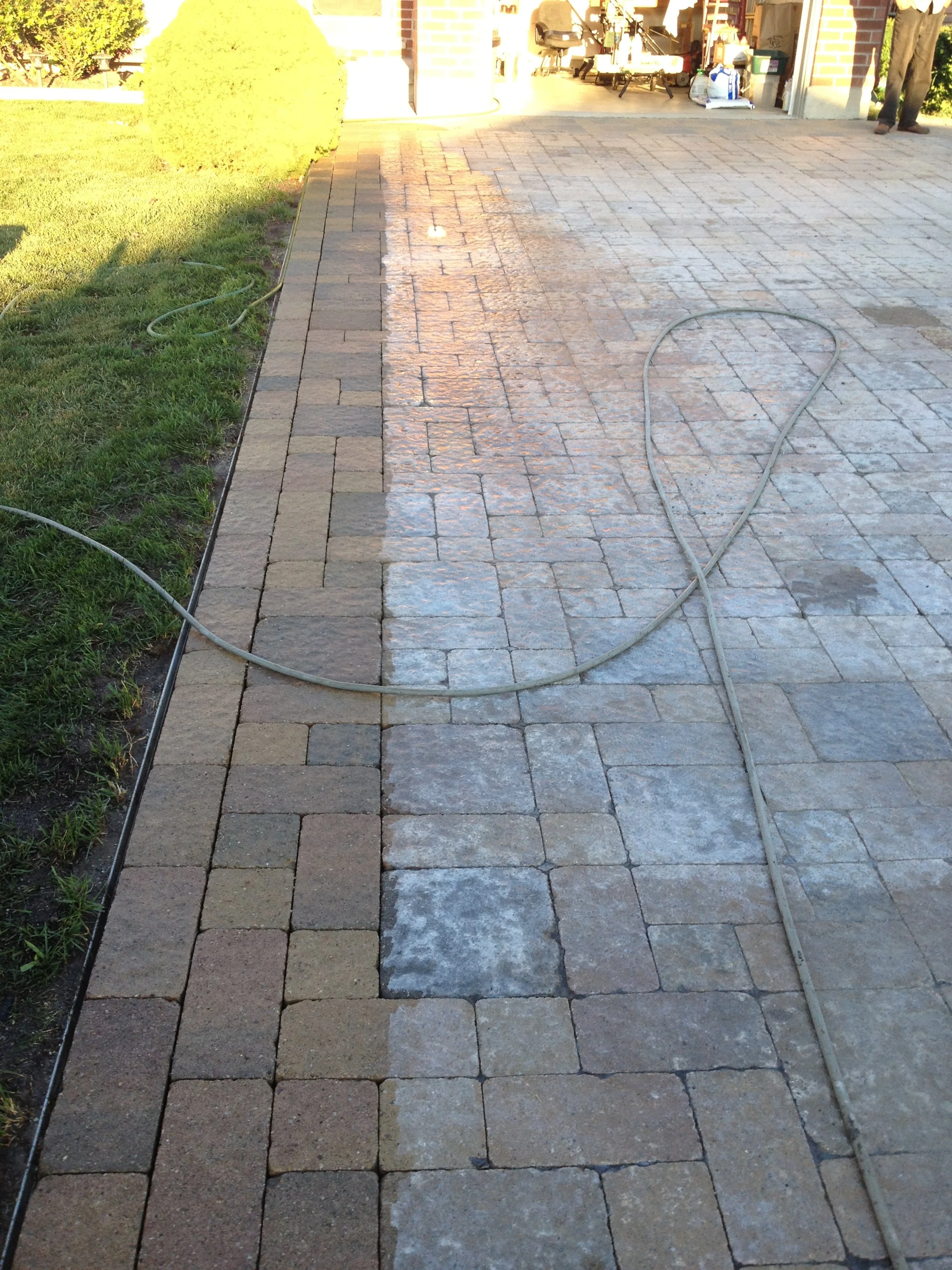 Interlock brick driveway prep before concrete sealing, Kitchener