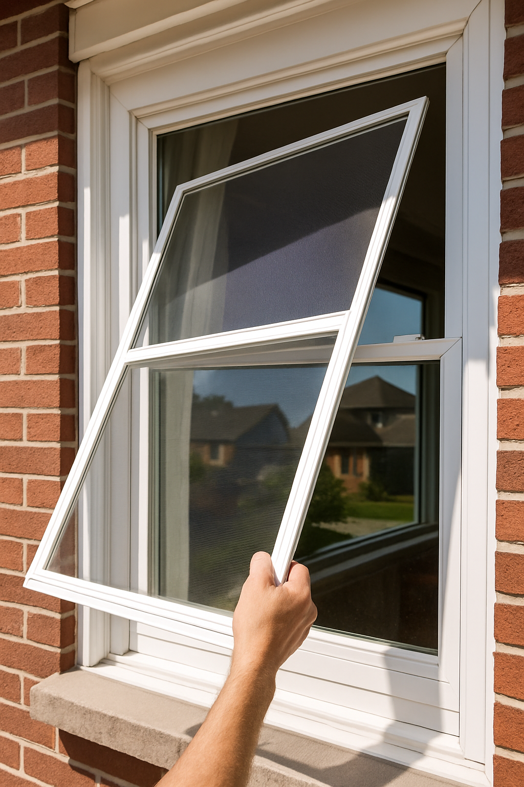 An image of a screen being removed from a window