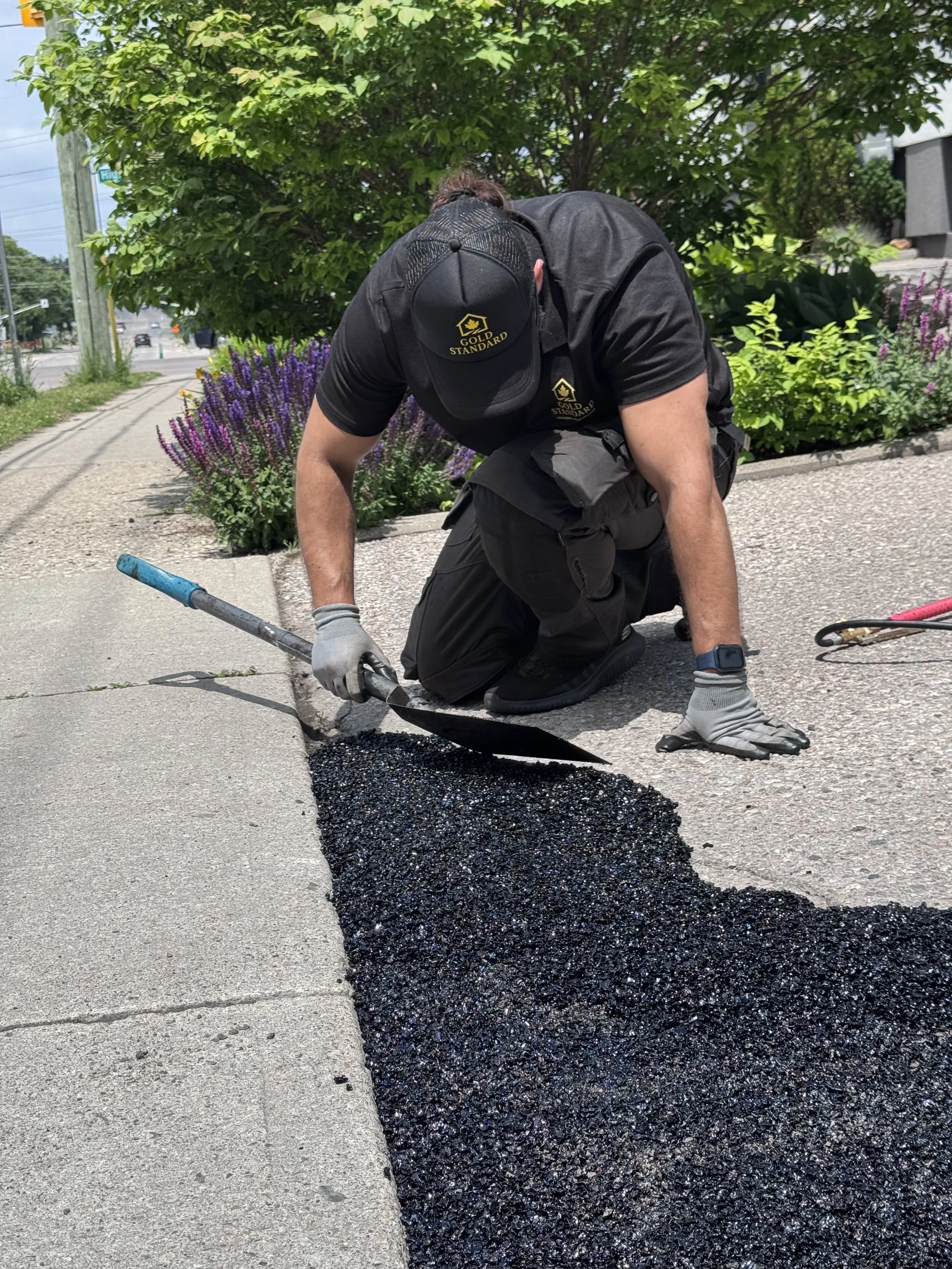 A worker kneeling on the sidewalk planting black asphalt, wearing a black baseball cap, black outfit, gray gloves, and a wristwatch, with plants and trees in the background.