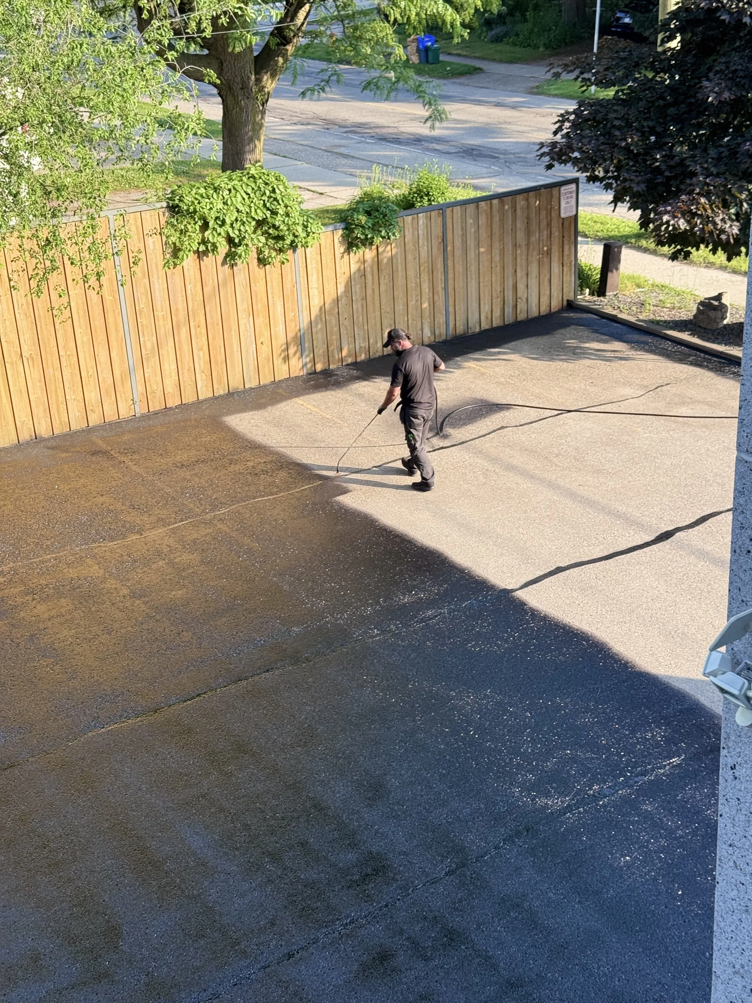 A man pressure washing a concrete driveway next to a wooden fence, with a tree and street visible in the background.