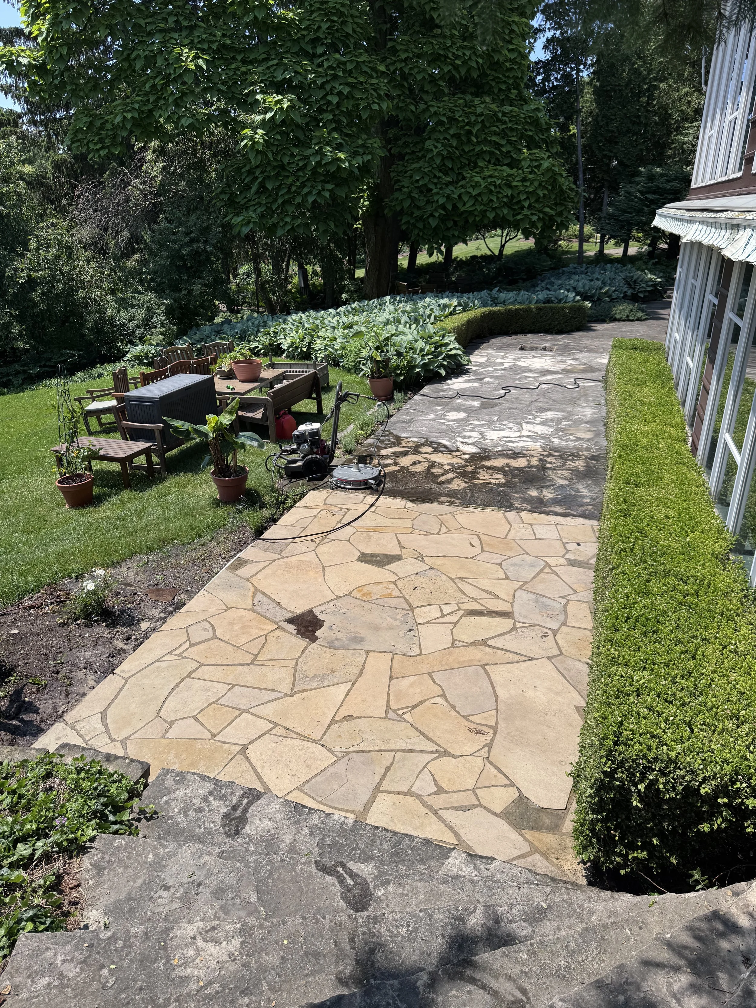 A backyard patio area with a newly installed tan stone patterned walkway, a section of old blackened concrete, and green hedges. There are potted plants, outdoor furniture, and gardening tools near lush greenery and trees.