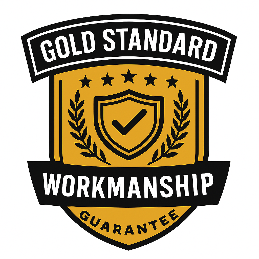 Gold Standard Workmanship Guarantee badge featuring shield, checkmark, stars, and laurel leaves in black and gold.